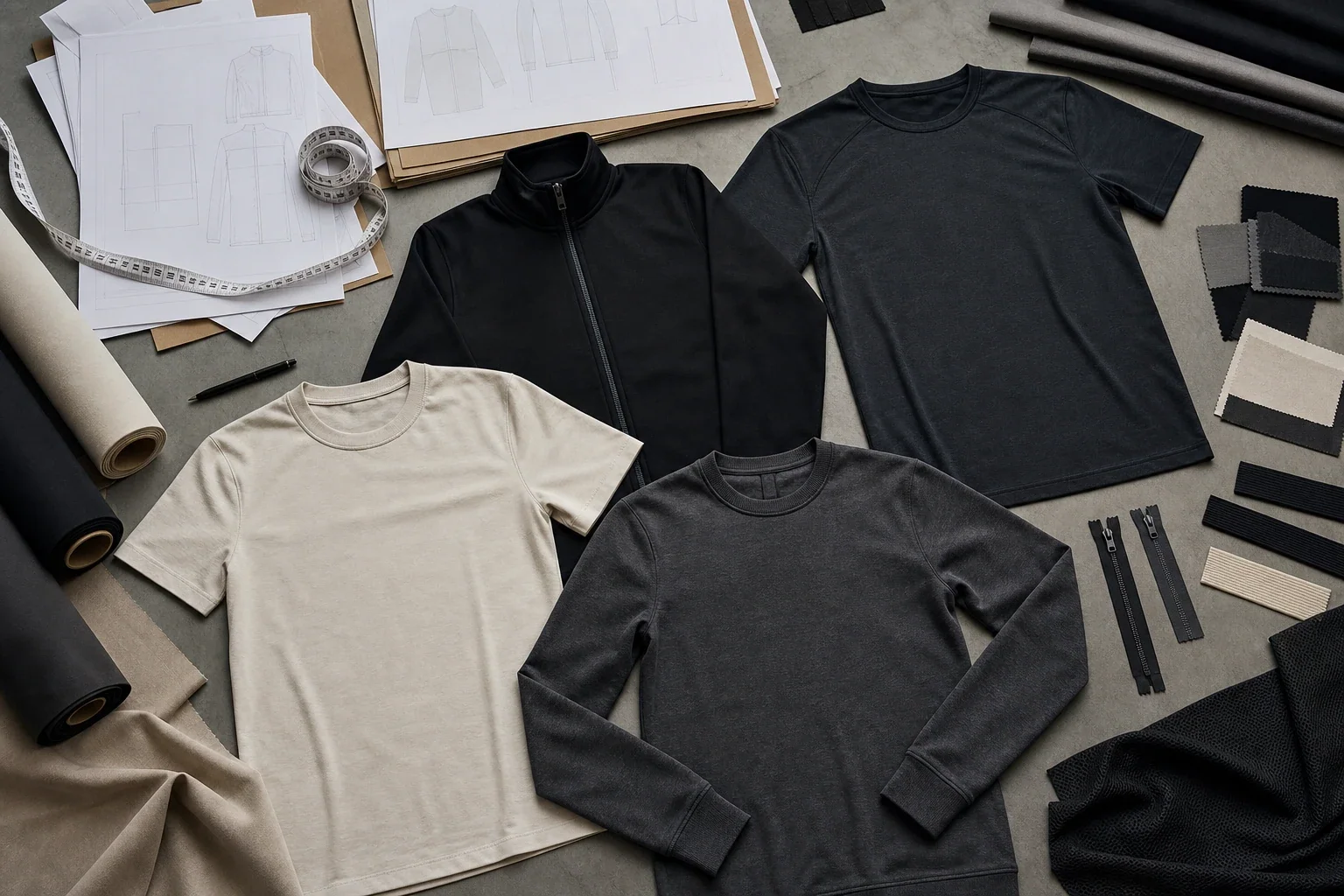 Unbranded garment samples, fabric swatches, trims and pattern pieces arranged for apparel development review.