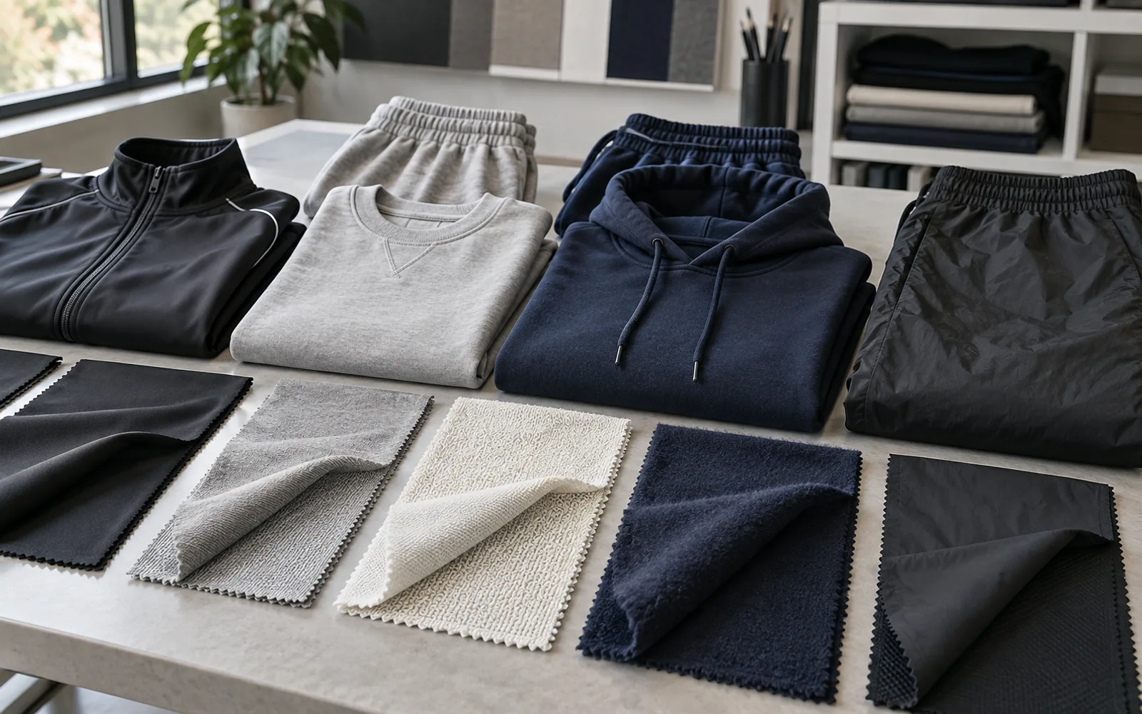 Tracksuit garments and fabric swatches showing smooth performance knits, loopback terry, brushed fleece and lightweight woven material.