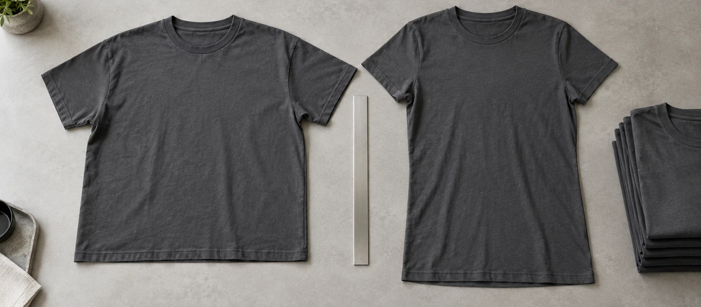 Two charcoal T-shirts with different body widths and lengths laid beside a plain straightedge for comparison.