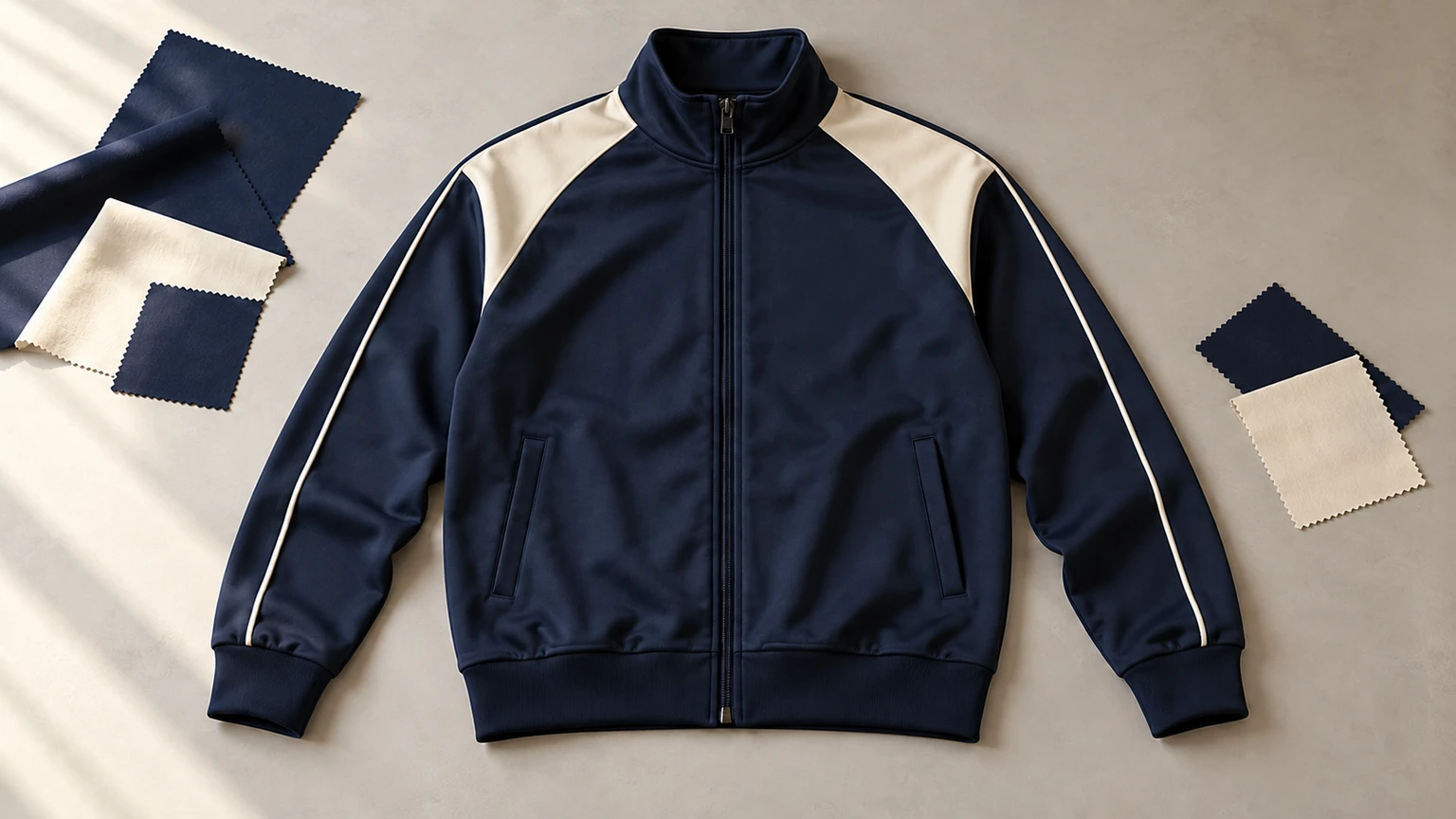 Illustrative navy retro track jacket with cream panels and fabric swatches on a development table