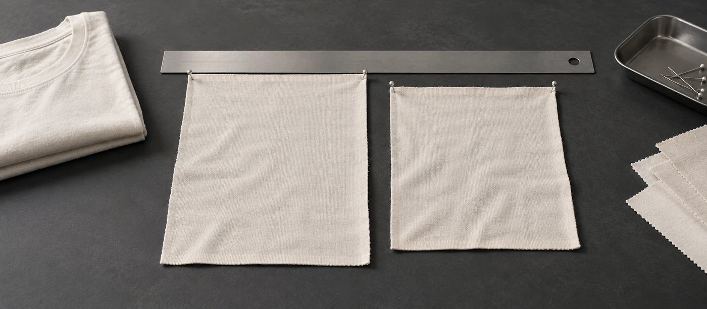 Cotton jersey panels compared side by side to review dimensional change after laundering.