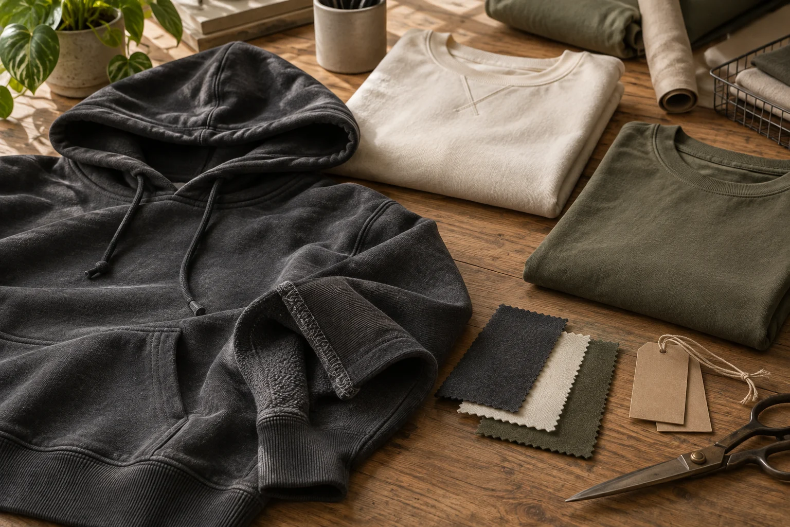 Charcoal, ivory and olive garment samples with fabric swatches and scissors on a neutral worktable.