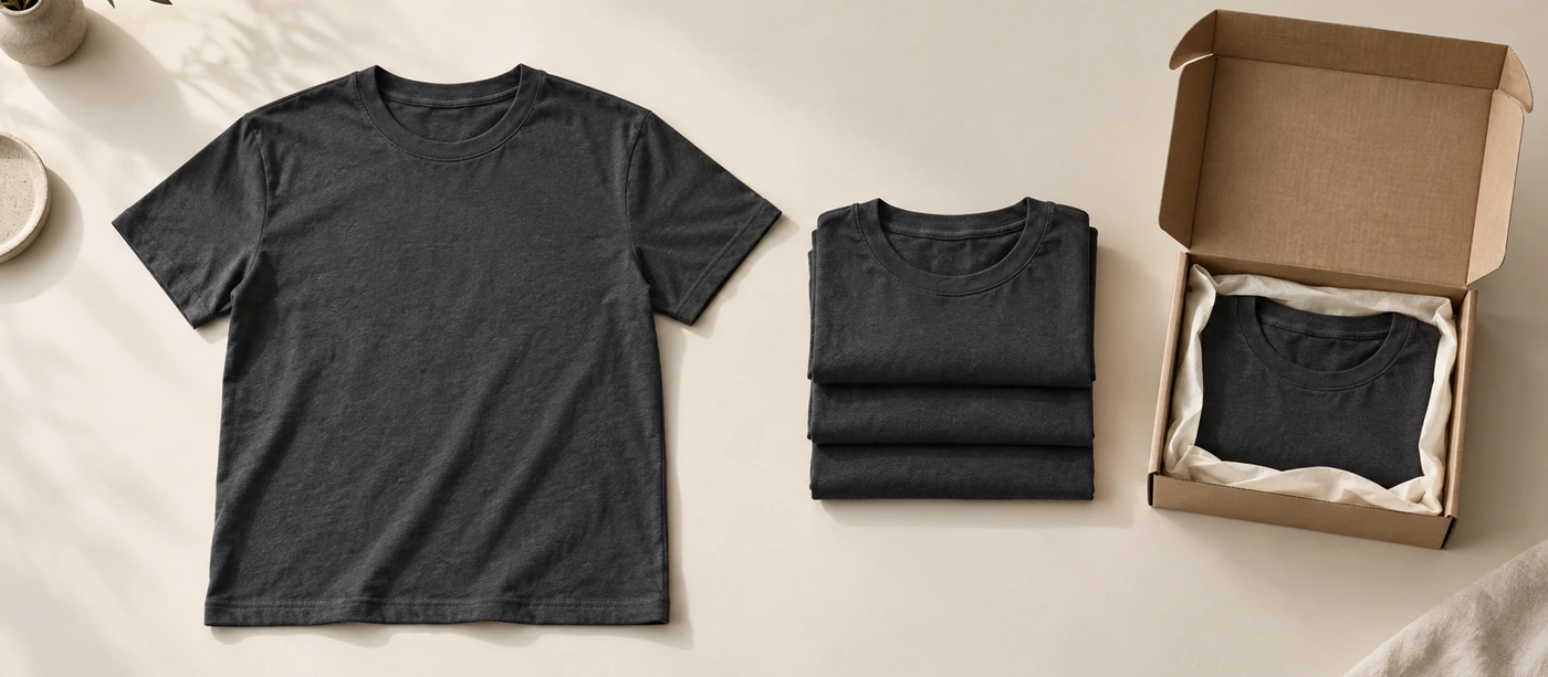 A charcoal T-shirt beside a small stack of folded garments and one open kraft shipping box.