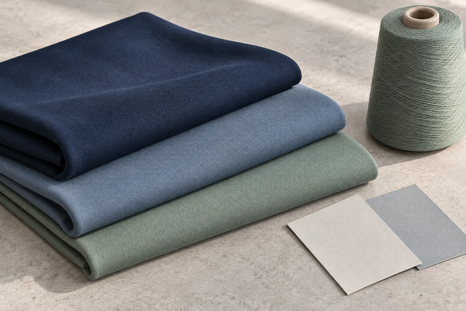 AI-generated illustration of navy, slate and sage technical fabric swatches; recycled origin cannot be determined from appearance