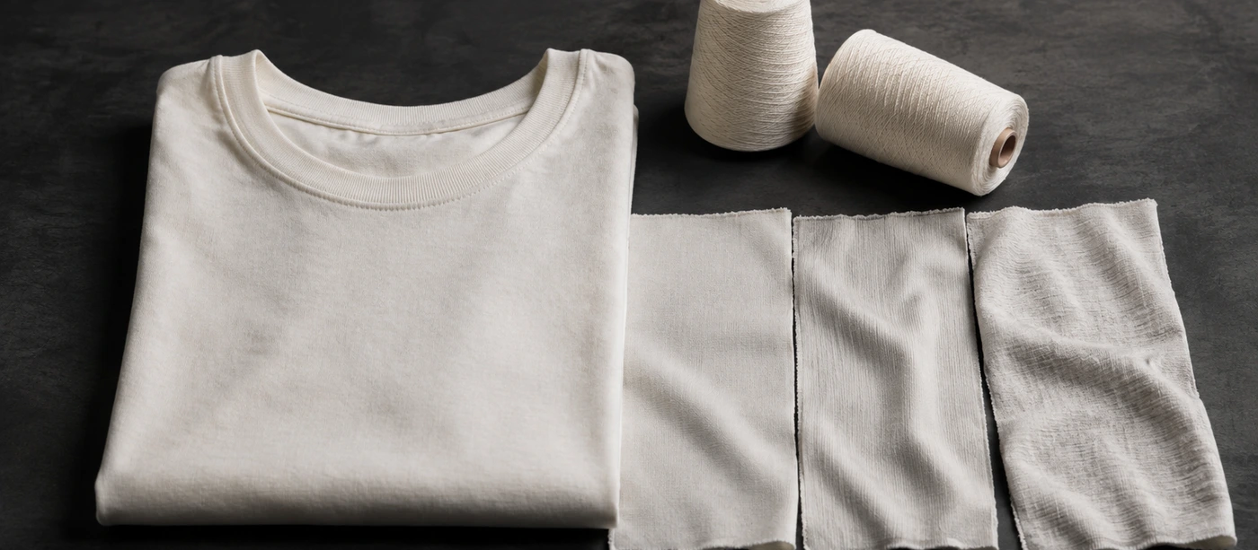 Folded cotton T-shirt with jersey fabric swatches and yarn cones on a dark worktable.