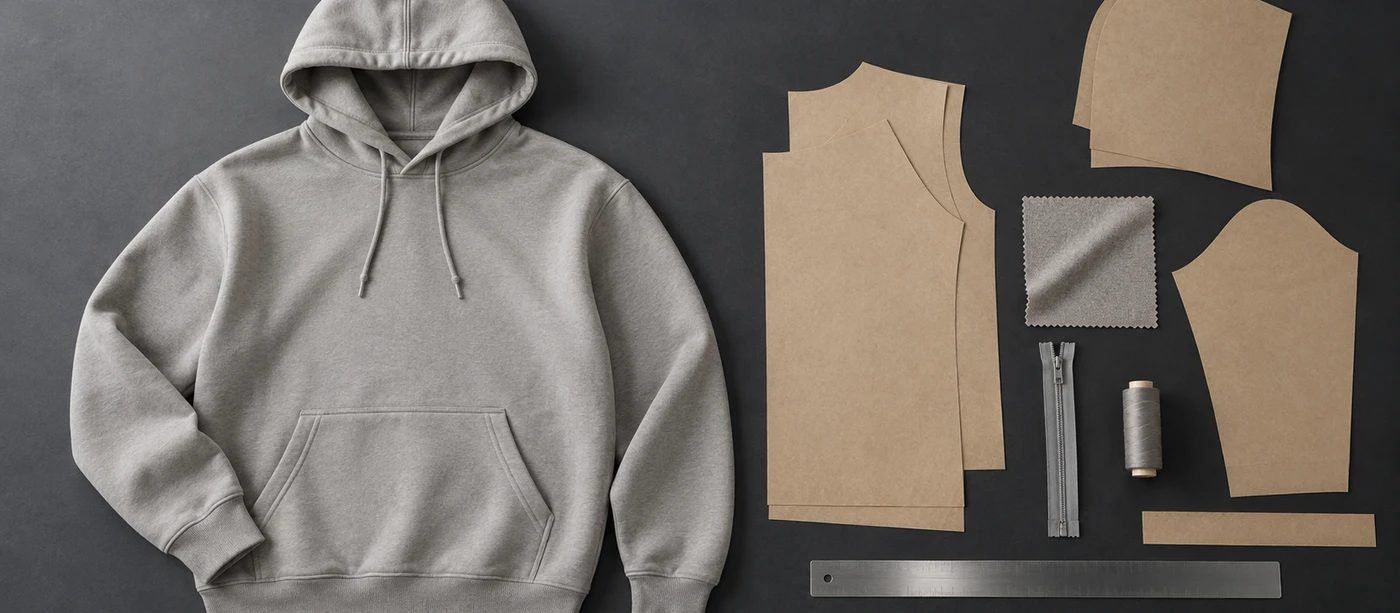 A grey hoodie sample beside paper pattern pieces, a fabric swatch, zipper and thread on a dark worktable.