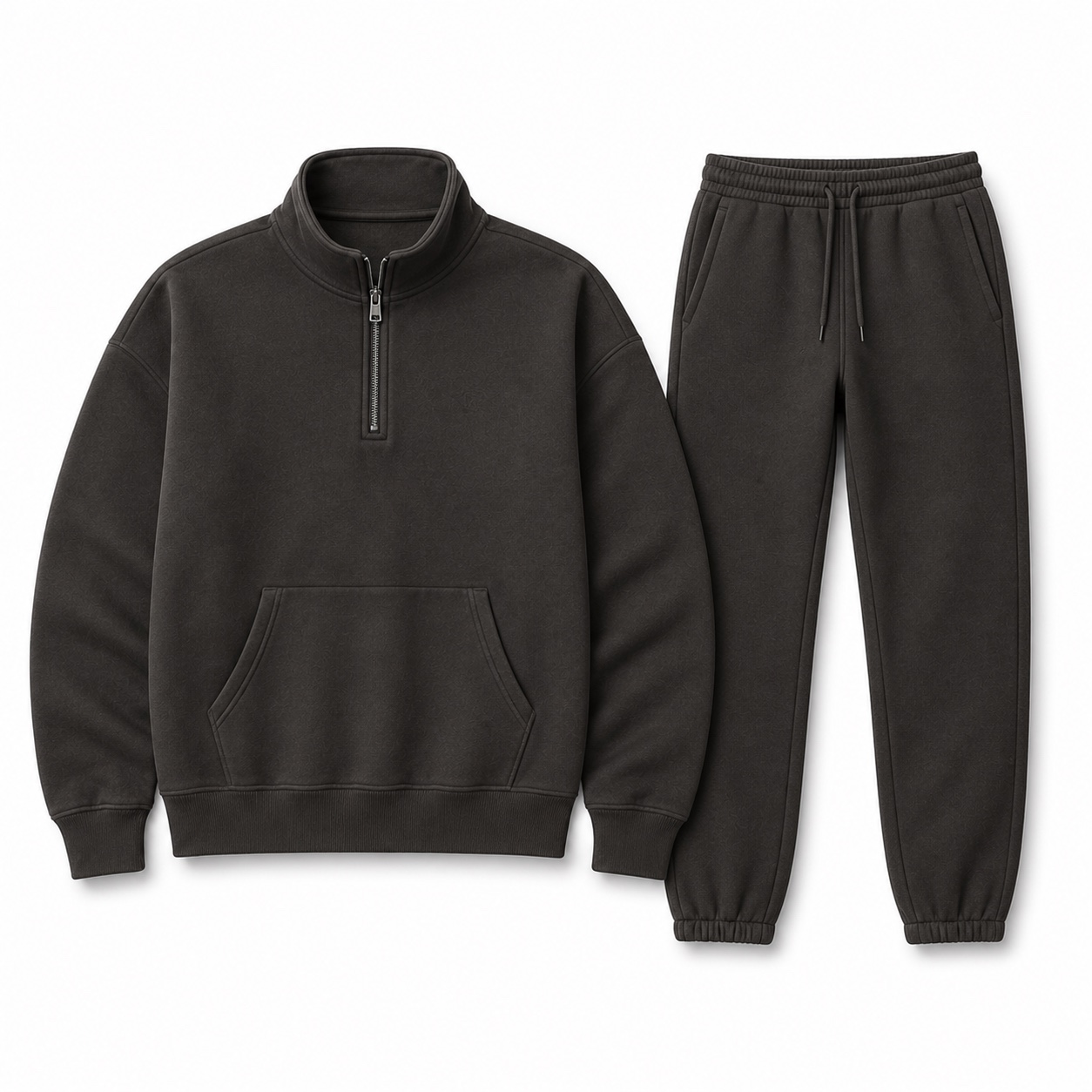 Charcoal quarter-zip sweatshirt and matching joggers