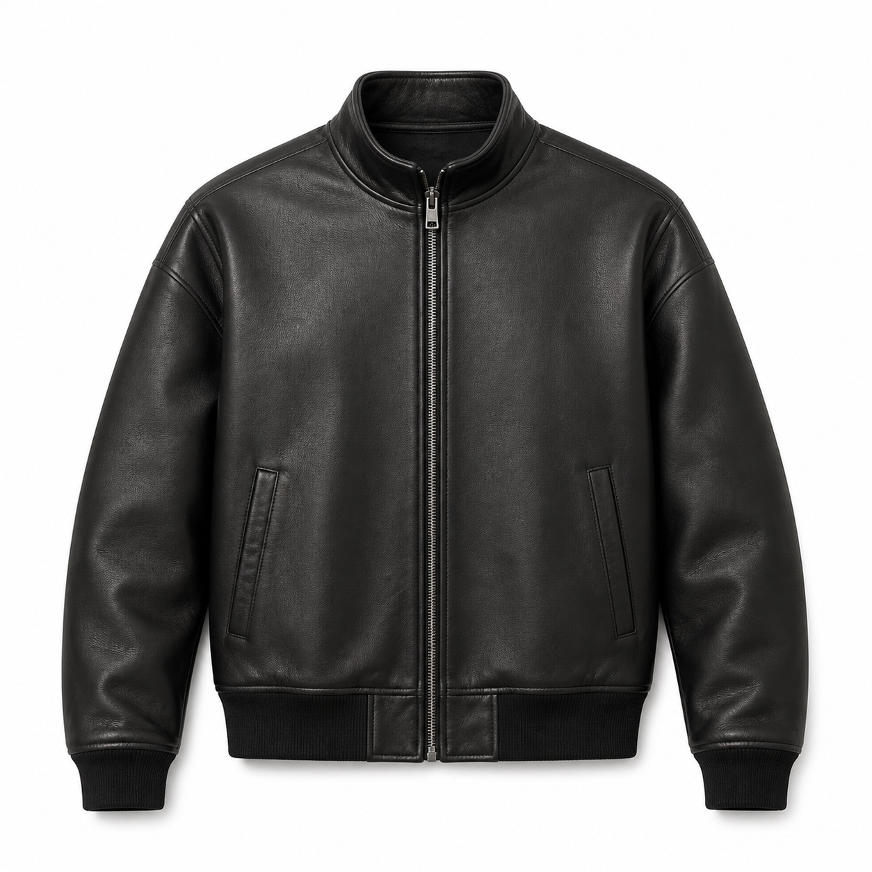 Black leather bomber jacket with a stand collar and ribbed hem