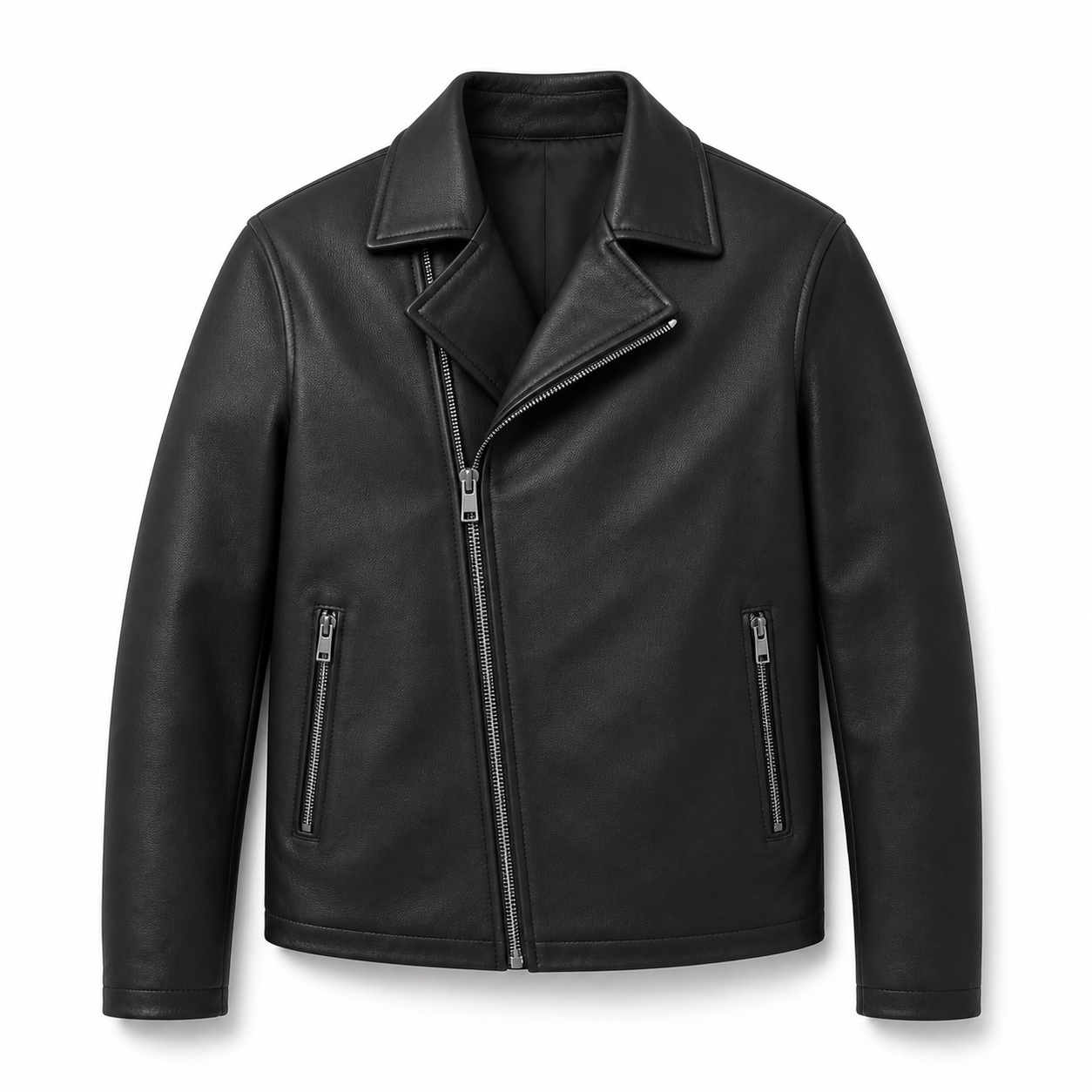 Black asymmetric leather moto jacket with silver zippers
