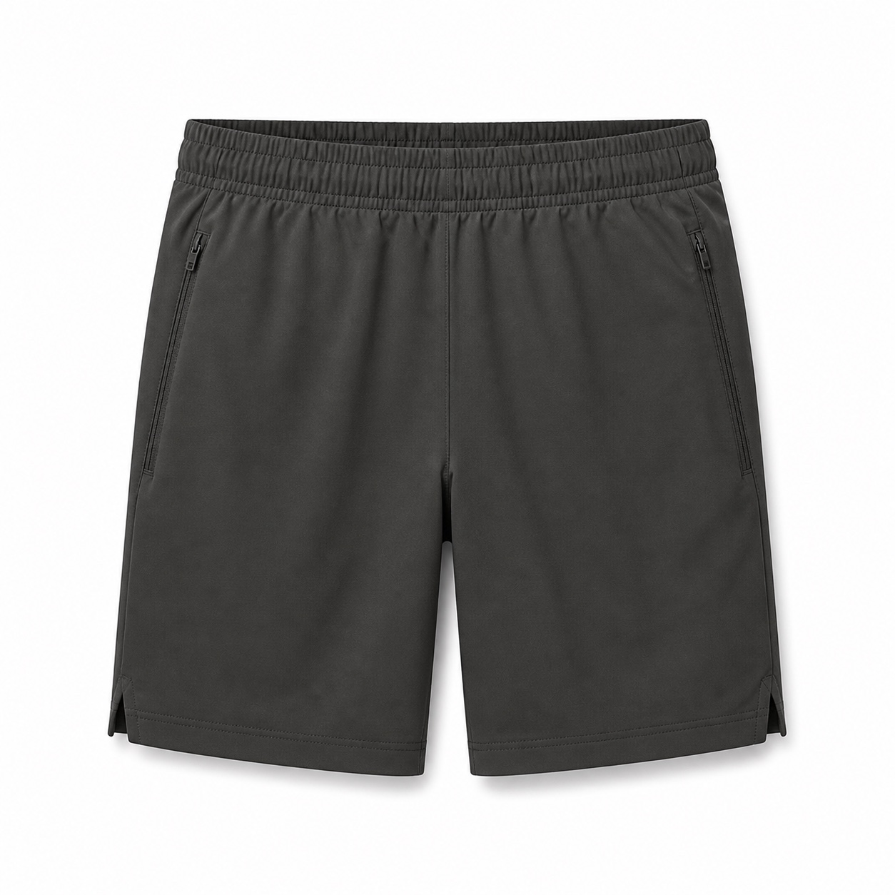 Charcoal training shorts with zip pockets and side-split hems